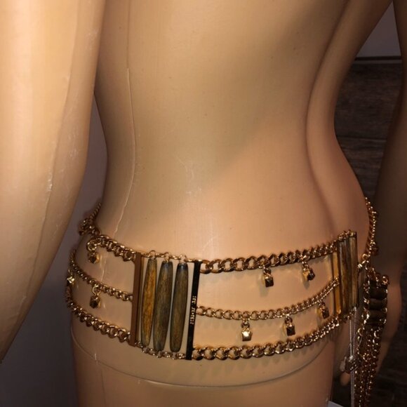 NWT St. John couture Gold Metal and Brown wood belt size large main image 5
